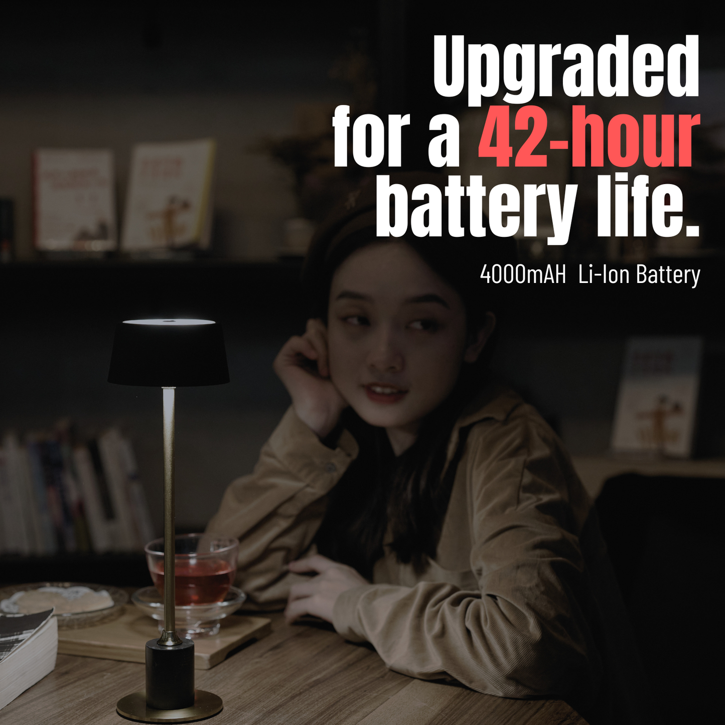 Cordless table lamp with adjustable brightness, perfect for restaurant, hotel rooms and events